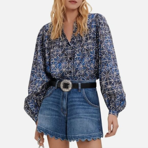 Maje Cotik Printed Ballon Sleeve Blouse In Blue Women's Size 1 US Small - Picture 1 of 11
